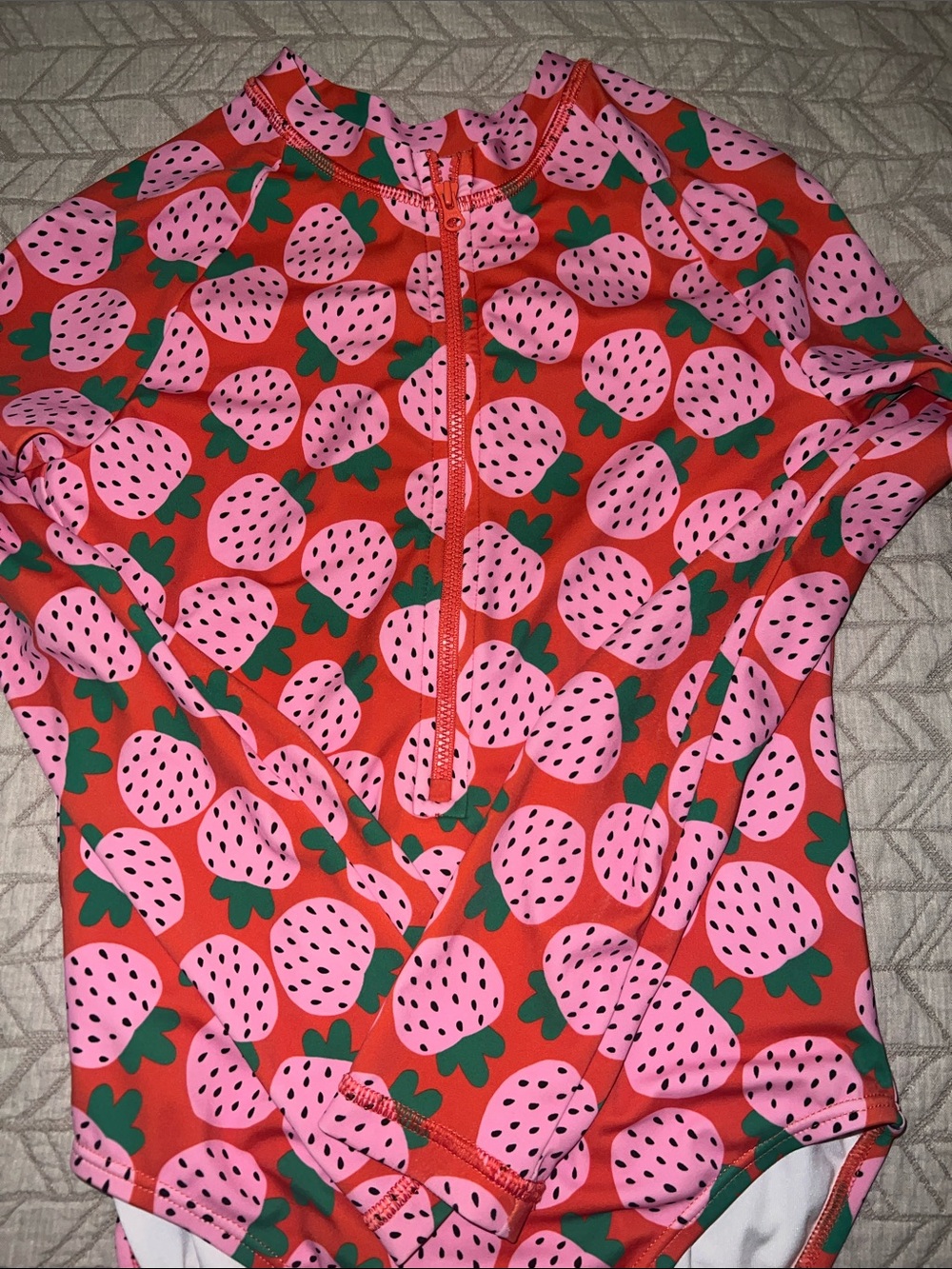 Hanna Anderson Kids Strawberry Print Zip-Front Rash Guard Swimsuit - Pink/Red